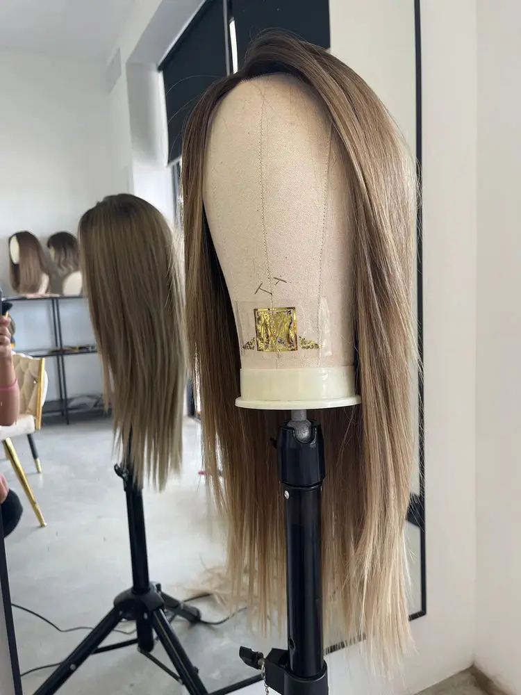 شعر مستعار أنثى الكرمل البني تسليط الضوء على الاصطناعية HD الدانتيل شعر مستعار أمامي 24 "قبل قطعها الطبيعية مستقيم مقاومة للحرارة الحرة فراق الألياف #5