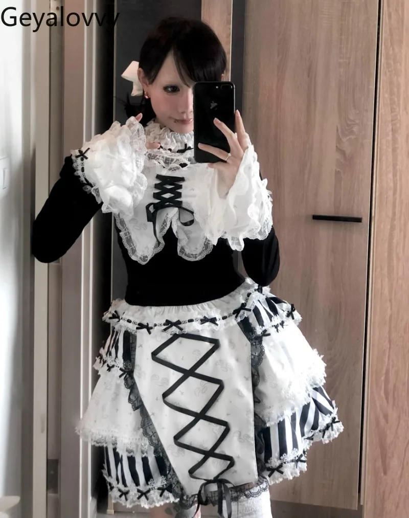 Gonna corta in pizzo a righe con cinturino originale giapponese Estate nuova ragazza dolce e carina Minigonne tutu SK sottocultura versatile