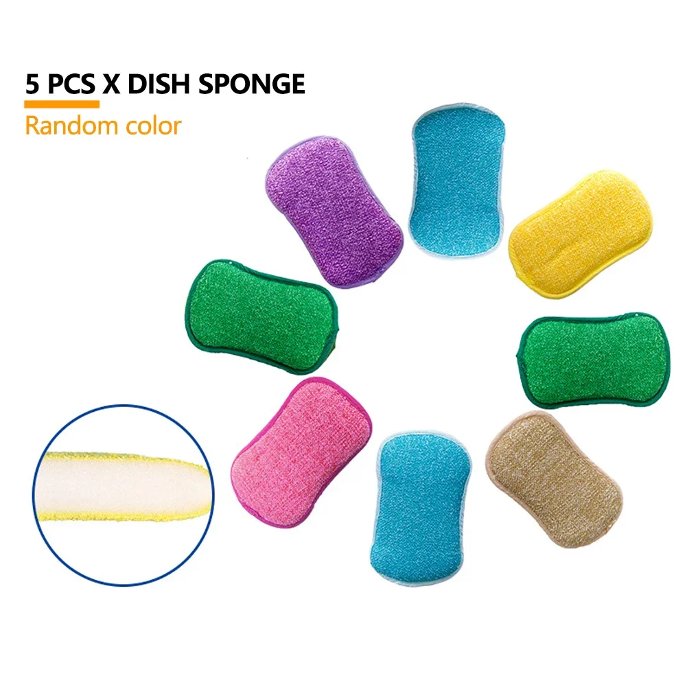 Sponge With Washable Handle Dish Reusable Household Cleaning Machine 5pcs Sided Double Anti Scratch Kitchen Multicolored