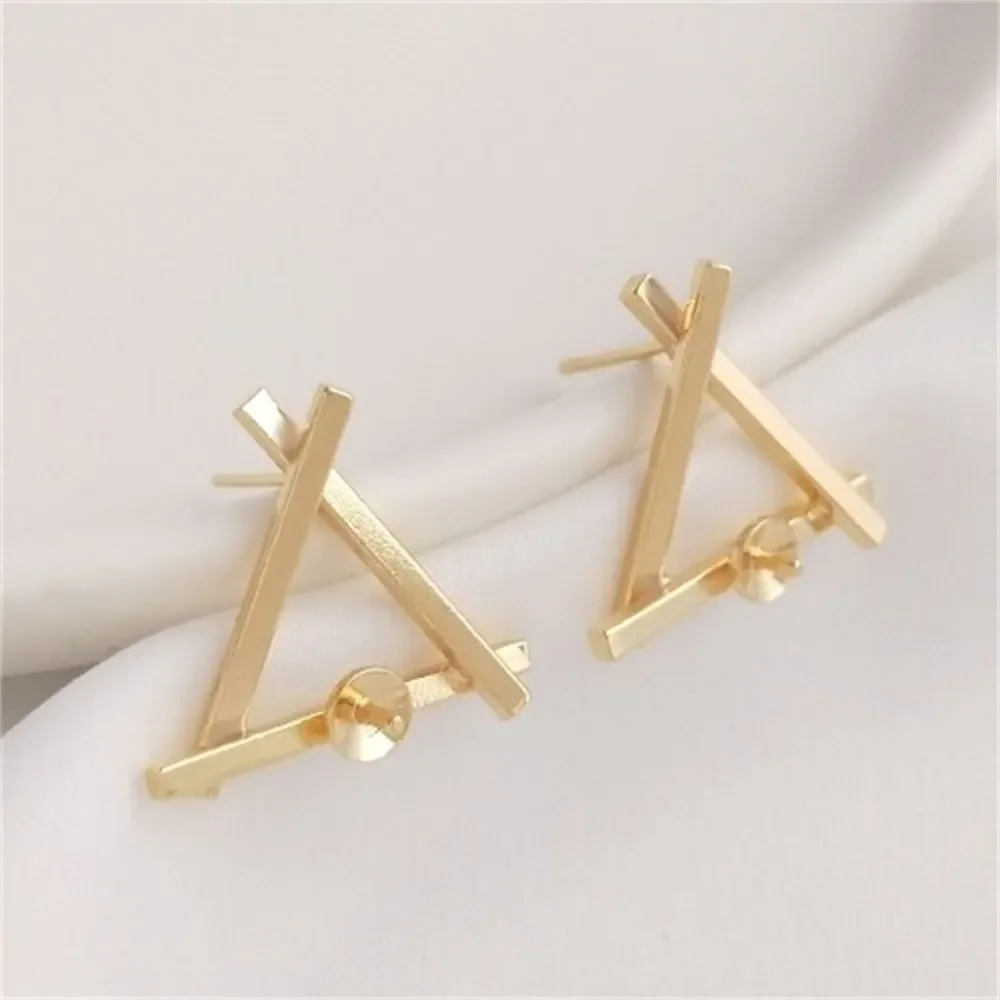 

14K Gold-plated Geometric Triangular Frame Half-hole Beaded Earrings 925 Silver Needle Handmade Diy Sticky Pearl Earrings E199