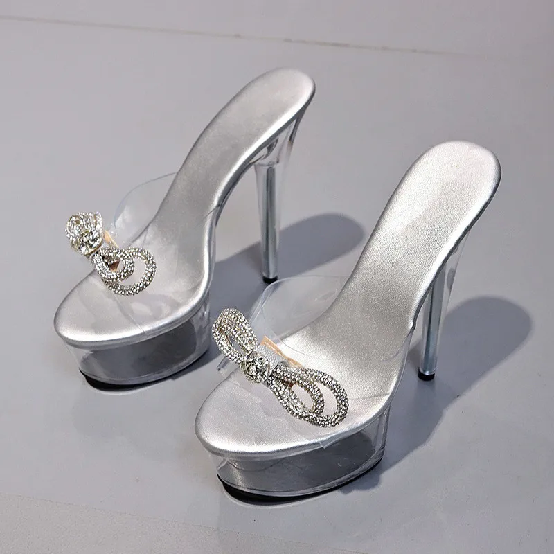 Clear Transparent Platform Women Slippers Summer Sexy Crystal Bowknot Super High Heels Pumps Female Open Toe Wedding Party Shoes