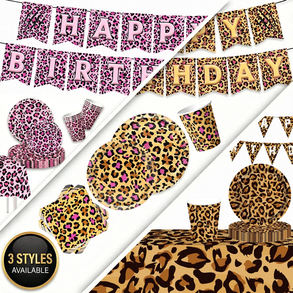 Leopardenmuster Geschirrset Safari Dschungel Party Deko Rosa Gepard Pappteller Becher Servietten Wild One Geburtstag Baby Shower Zubehör