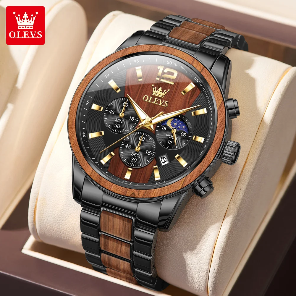 OLEVS 3645 Original Quartz Men Watch Elegance Moon Phase Dial Calendar Window Solid Wood Strap HD Luminous 30m Waterproof Watch