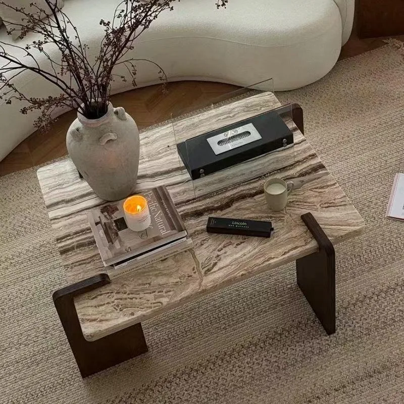 French retro marble coffee table cream wind small apartment living room home Internet celebrity natural travertine tea table wab