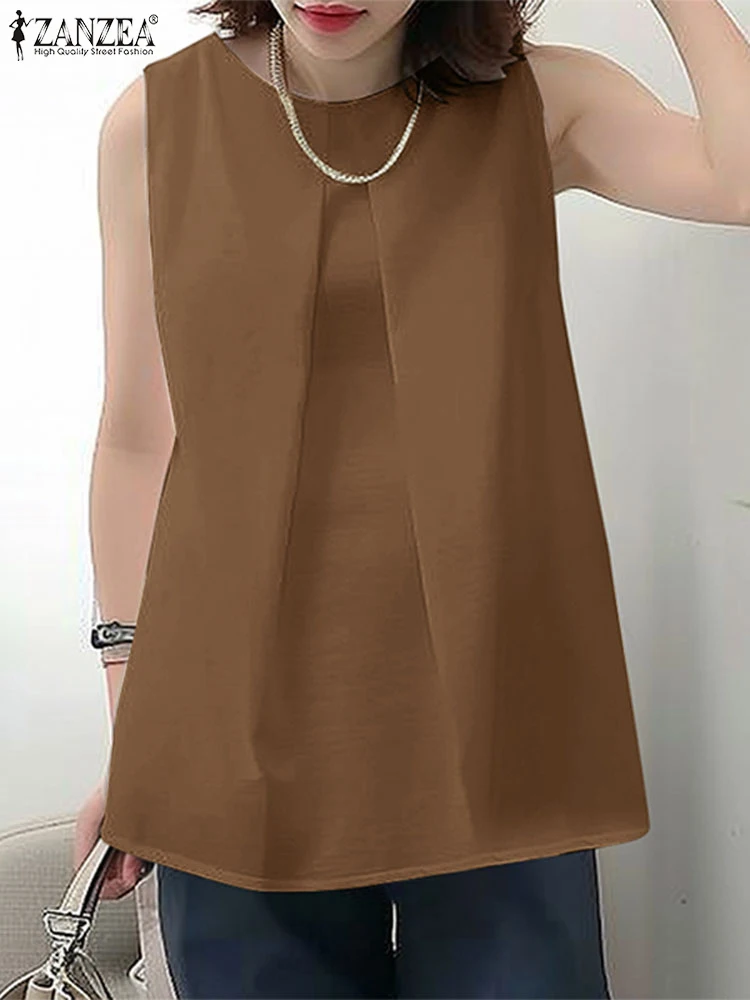 ZANZEA-Camiseta sin mangas plisada básica para mujer, chaleco liso coreano, informal, holgado, de corte en A, Tops de cuello redondo para vacaciones, 2024