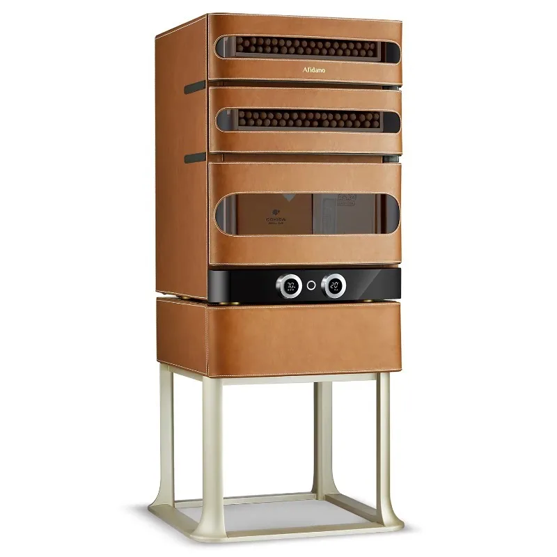 250 Ct Cigar Humidor, Temperature and Humidity Control with Classic Leather and Spanish Cedar Drawers