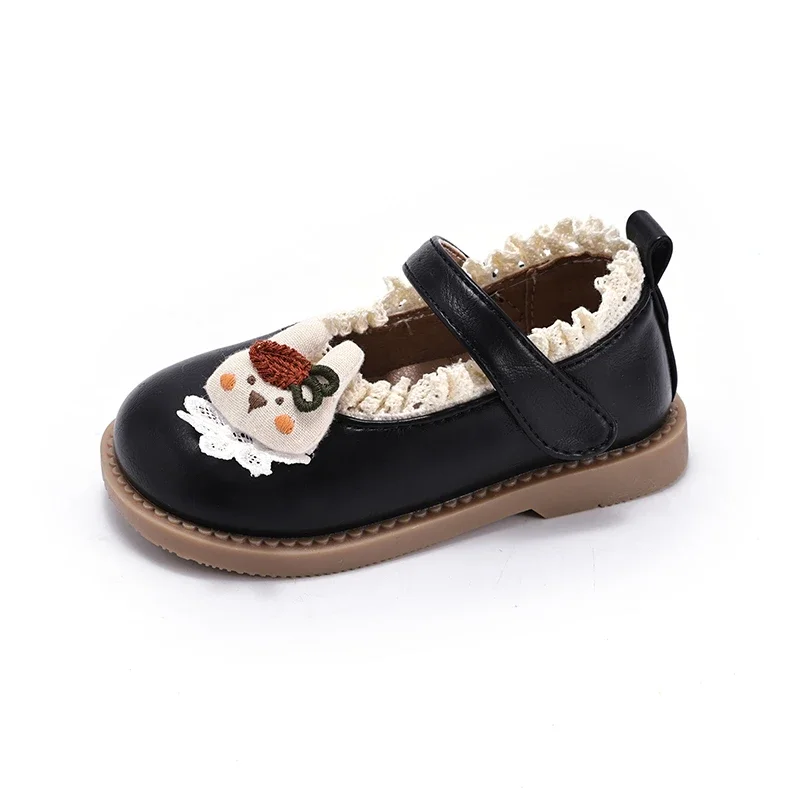 Girls Cute 3D Bunny Lace Flower Mary Jane Dress Shoes, Ruffled Lace Trim Hook‑and‑Loop Soft Flat Toddler Princess Casual Shoes
