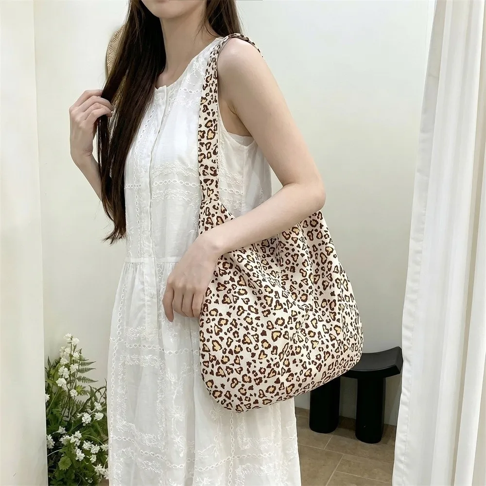 Artistic Corduroy Shoulder Bag Retro Leopard Large Capacity Tote Bags Buckle Closure Women's Handbags Women