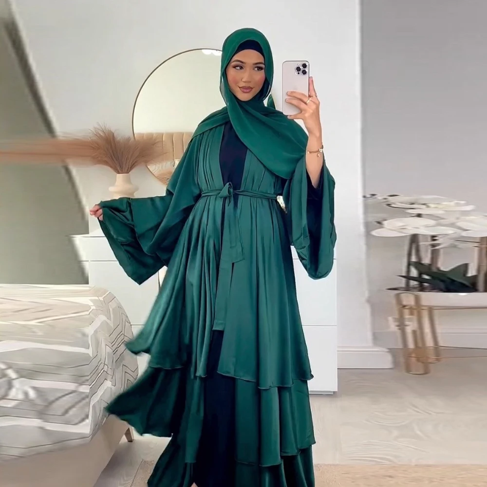 

Uni Muslim Saudi Women Eid Modest Satin Belted Open Kimono Abayas Moroccan Gulf Kaftan Islam Clothing Galabia 2024 New