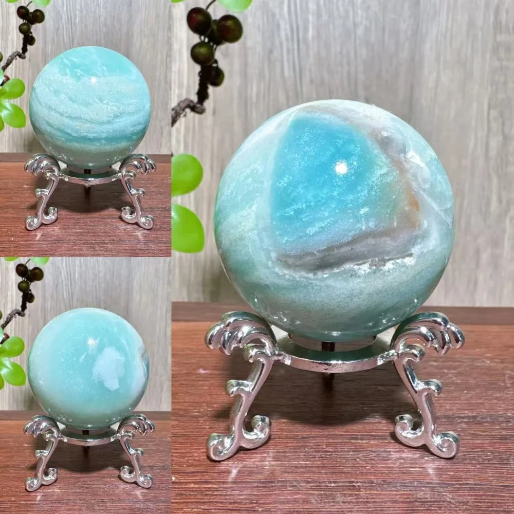 1PC Unique Natural Blue Carribean Calcite Spheres Sky Blue Stone Healing Crystal Reiki Energy Home Scene Decorations Gifts+Stand - view 2