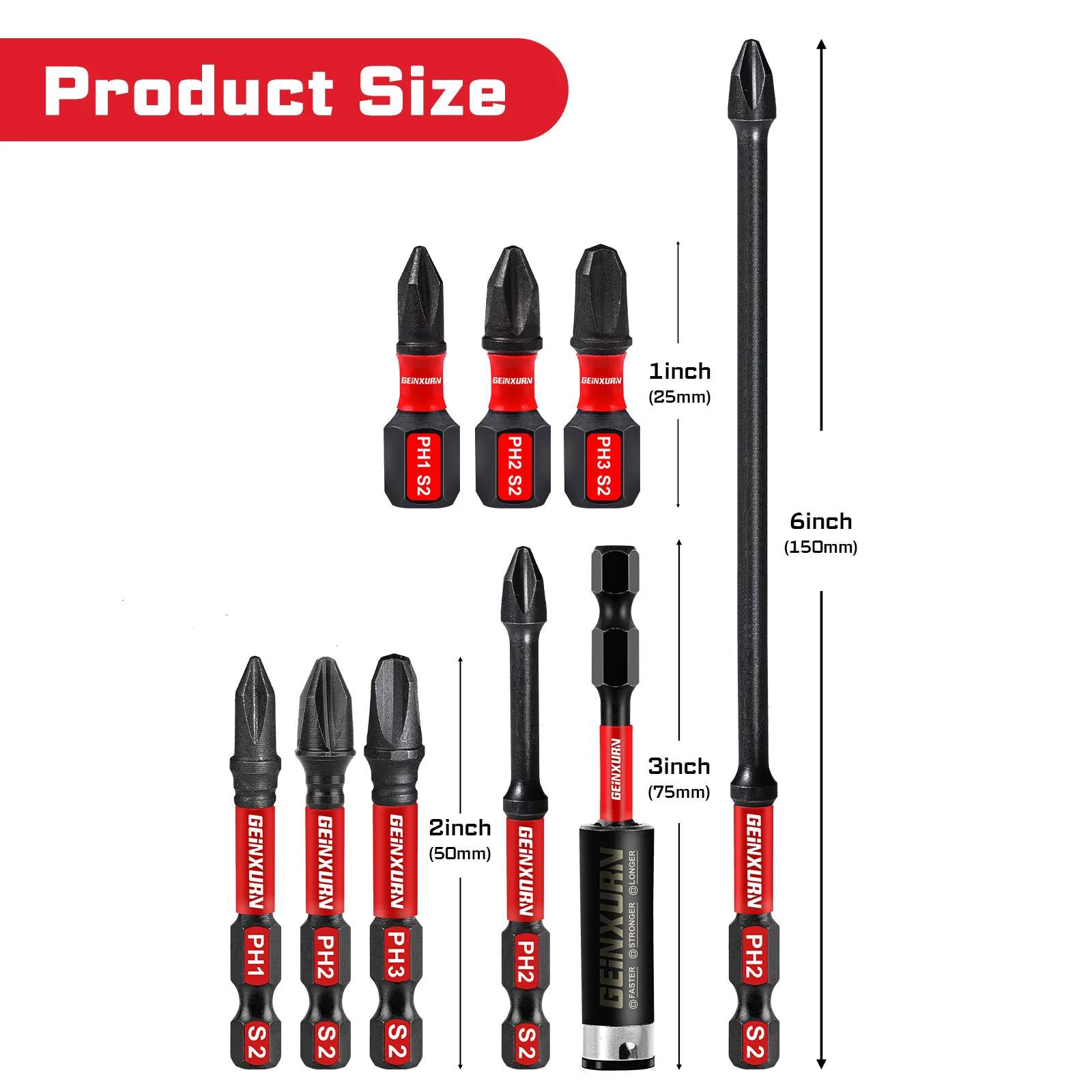 Ударный магнитный Geinxurn, 31 шт. # 1/ # 2/ # Набор из 3-х крестообразных отверток, легированная сталь S2 с органайзером для хранения