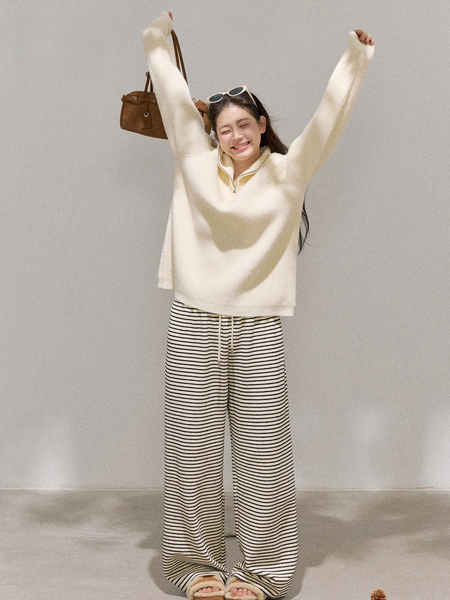 

plus Size Women's Fashion Set White Sweater Jacket Plaid Pants Korean Style Slimming Lazy Feel Zhang Da Adult Women's Clothing