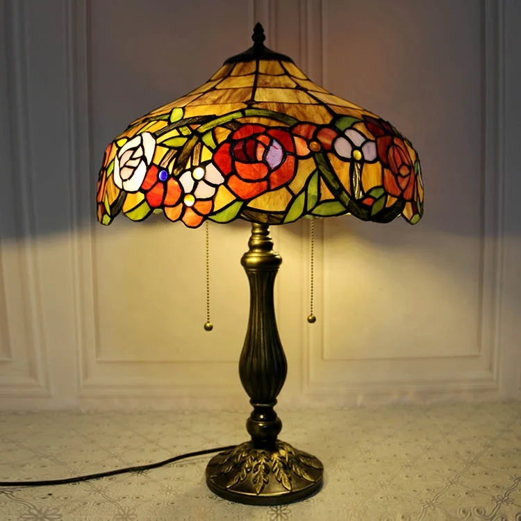 LongHuiJing 16Inch Style Handcrafted Dome Stained Glass Lampshade Table Lamp AC Powered LED 2700K E27 Mediterranean Bedside