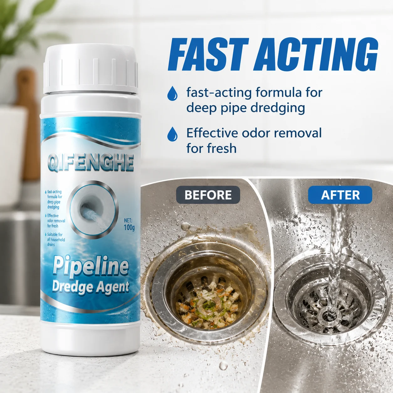 QIFENGHE Pipe Dredge Agent Drain Clog Remover Fast Acting Deodorizer For Kitchen Sink Bathroom Shower Toilet 100g
