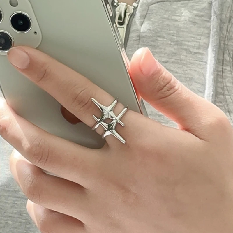 Vintage Irregular Silver Star Open Ring for Women Men Punk Gothic Sliver Color Adjustable Couple Rings Y2K Egirl Jewelry Gift