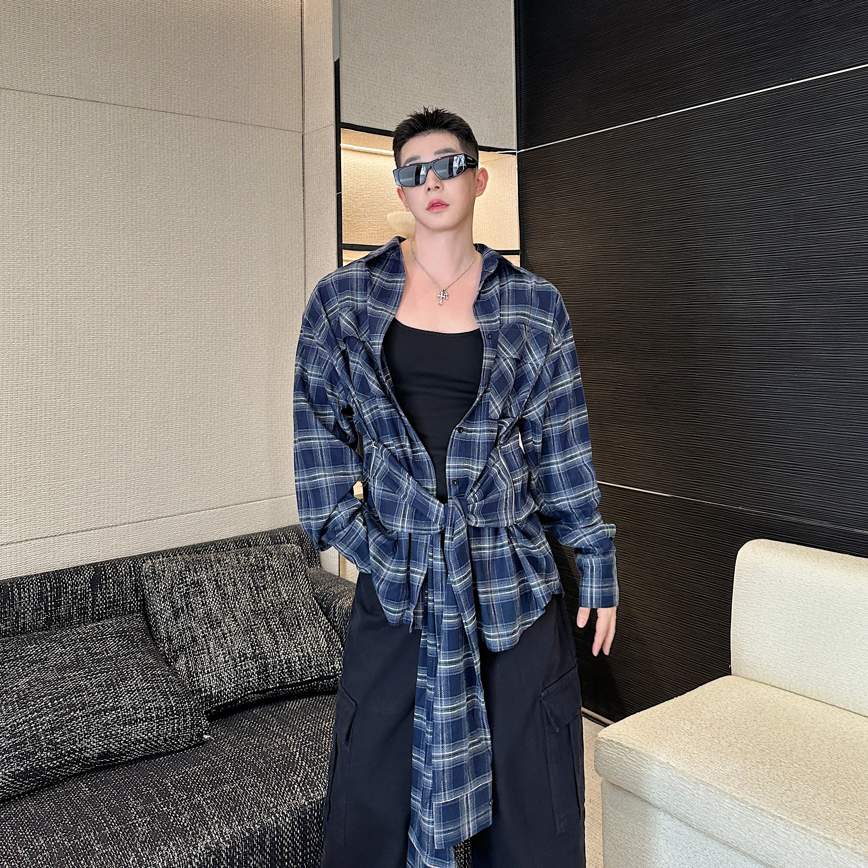 

New 2025 Trend Oversized Plaid Shirt Men Unisex Casual Wear Detachable Draped Tie Loose Fit High Street Fashion Style