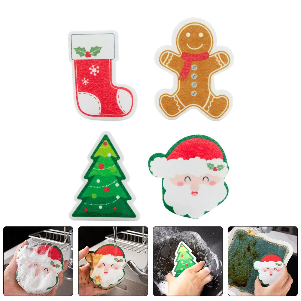 

4Pcs Christmas Dishwashing Sponges Thickened Reusable Scrub Kitchen Sponges Soft Gentle Dish Scrubber Household Cleaning Fun