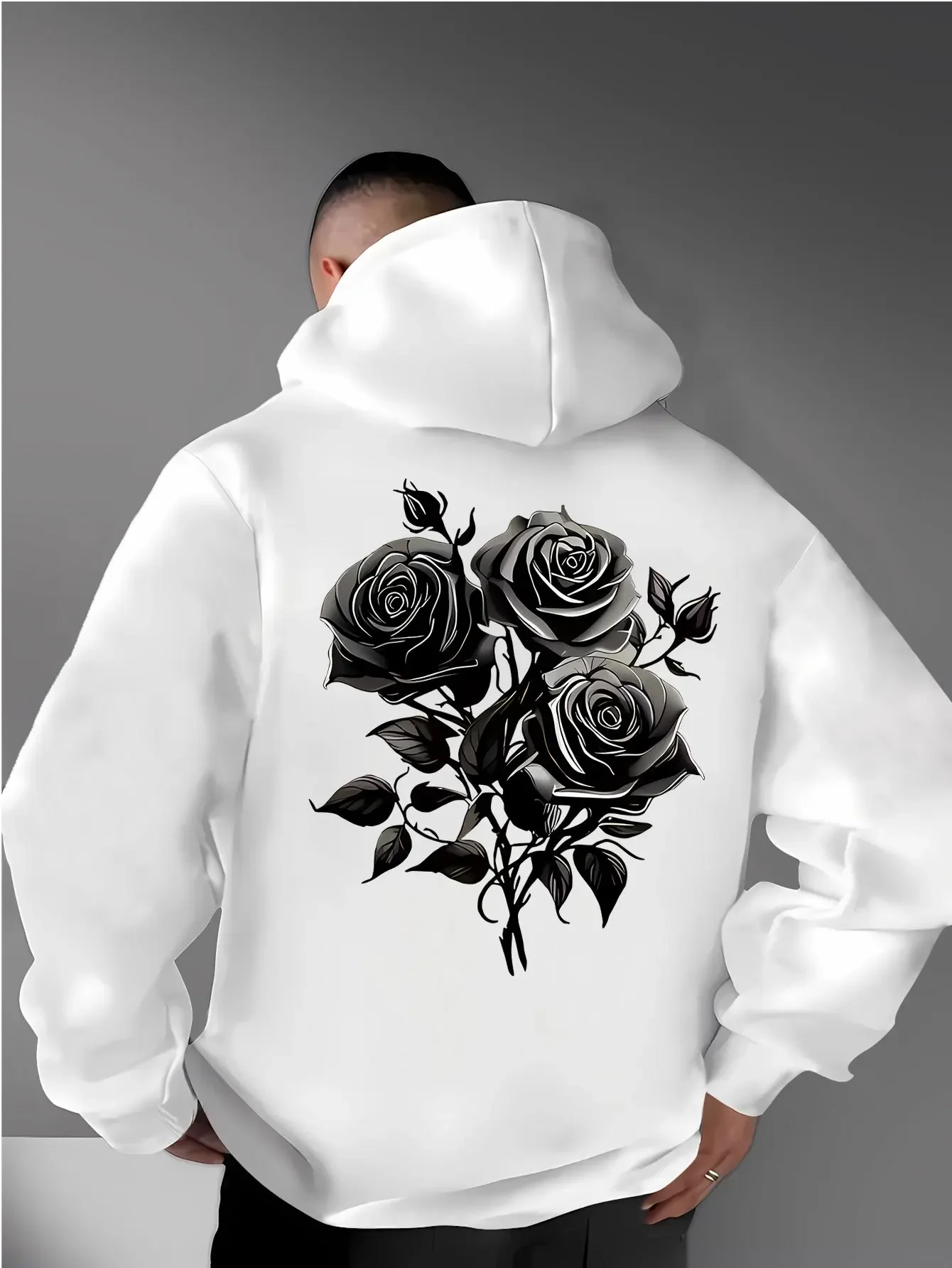 Men's White Rose Hoodie Dark Gothic Floral Print Oversized Pullover Sweatshirt Streetwear Grunge Fall Winter Trendy Casual Top