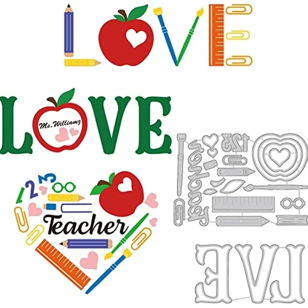 2 Style Teacher's Day Theme Metal Cutting Dies Love The Teacher Apple Stationery Embossing Stencil Template for Making Photo