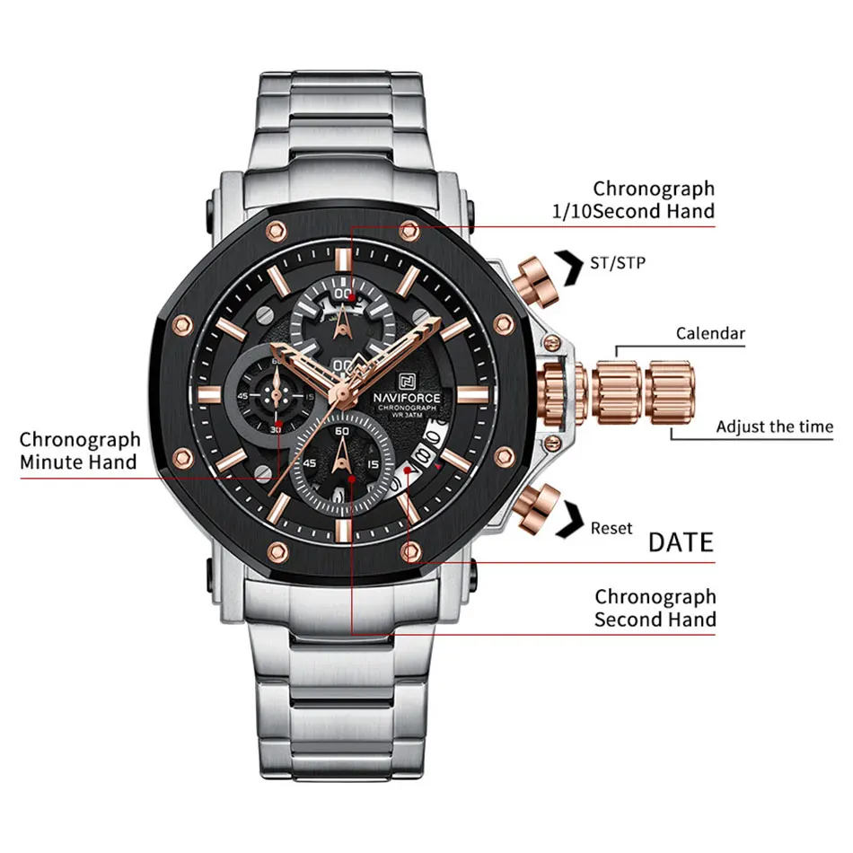 NAVIFORCE Business Quartz Watch Mens Watches Full Steel Waterproof Chronograph Wristwatch Men Waterproof Relogio Masculino 8065