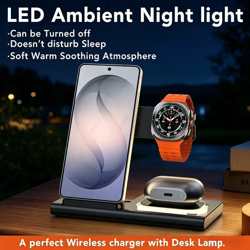 3 In 1 Wireless Fast Charger Stand With LED Ambient Night Light For Phone Watch Earbuds Bedside Home Office Desktop Accessory