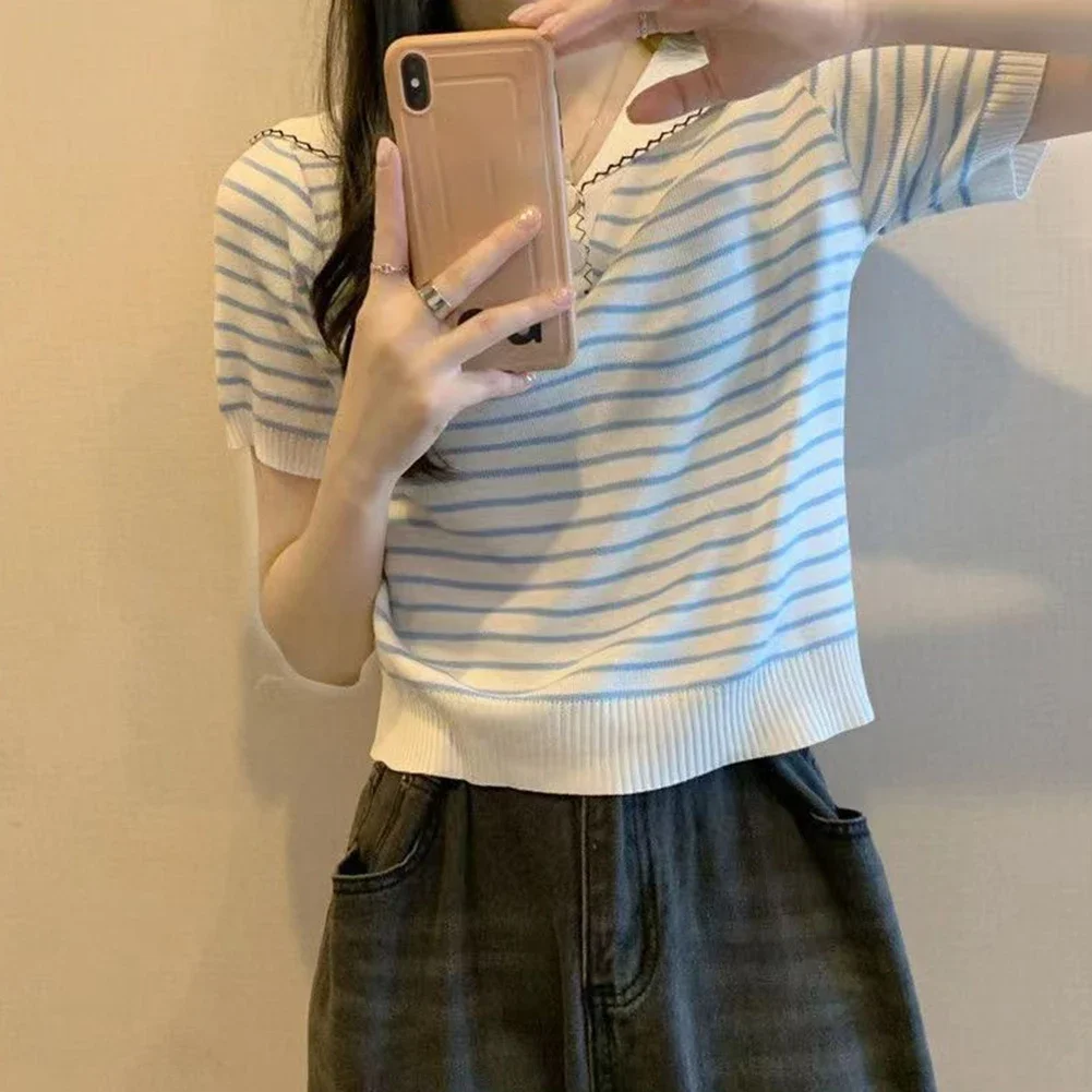

Повседневная полосатая футболка для повседневного использования, вязаный топ, трикотажная футболка для женщин, футболка абрикосового цвета, повседневная одежда, слегка эластичная