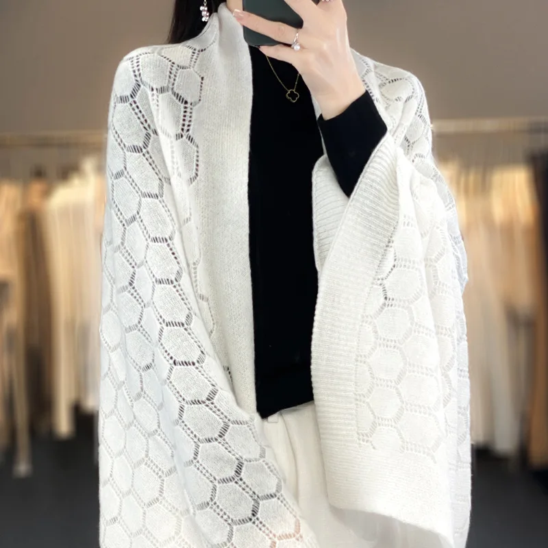 100%Wool  Knitted Scarf Cardigan Women Hollow Out Fashion Dual-Use Soft  Warm  Shawls Winter Autumn All Match Neck Warmer