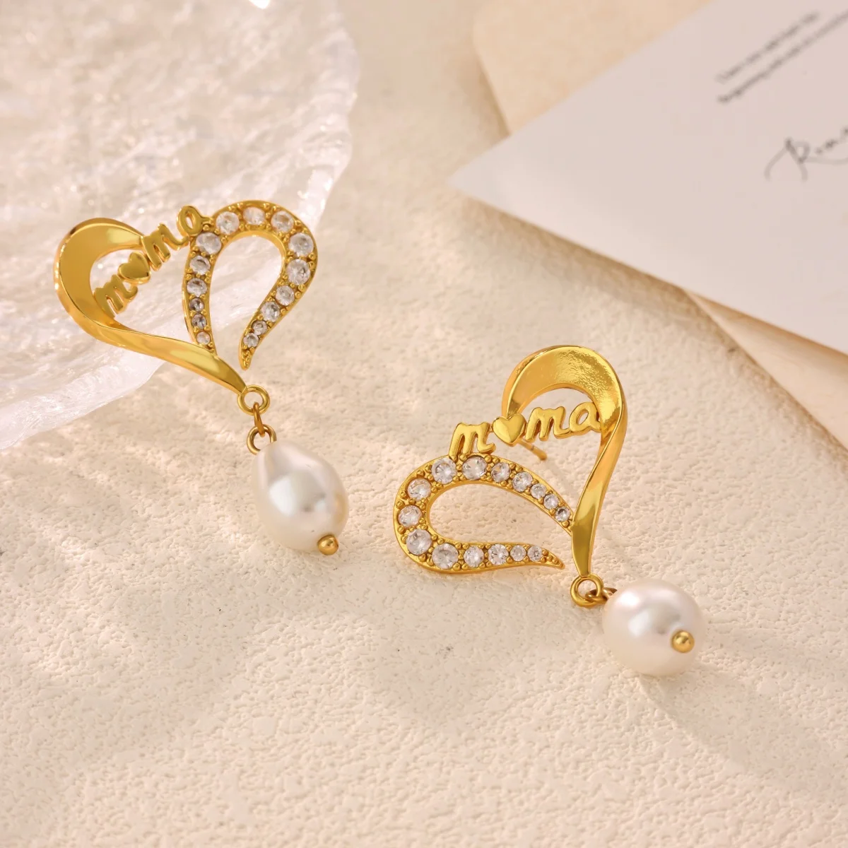 Elegante Ohrringe mit herzförmigen Tropfen aus Imitationsperlen, Damen, goldfarben, Kupfer, Zirkonia, hängende Ohrstecker, ästhetischer Schmuck, Geschenk für Mutter – Detail 7