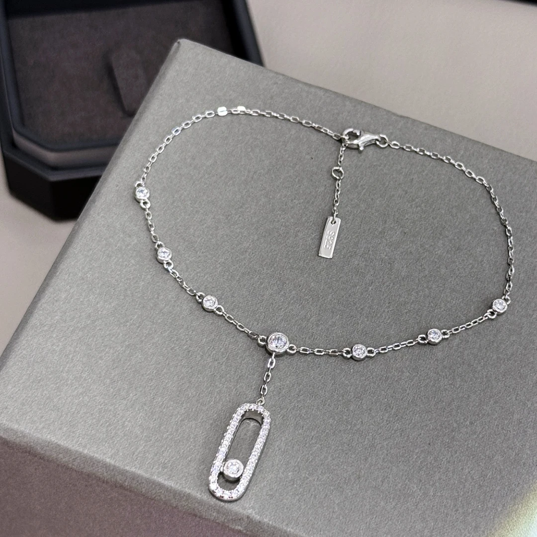 New 925 sterling silver zircon single diamond sliding foot chain, low-key classic, non fading with fine glitter