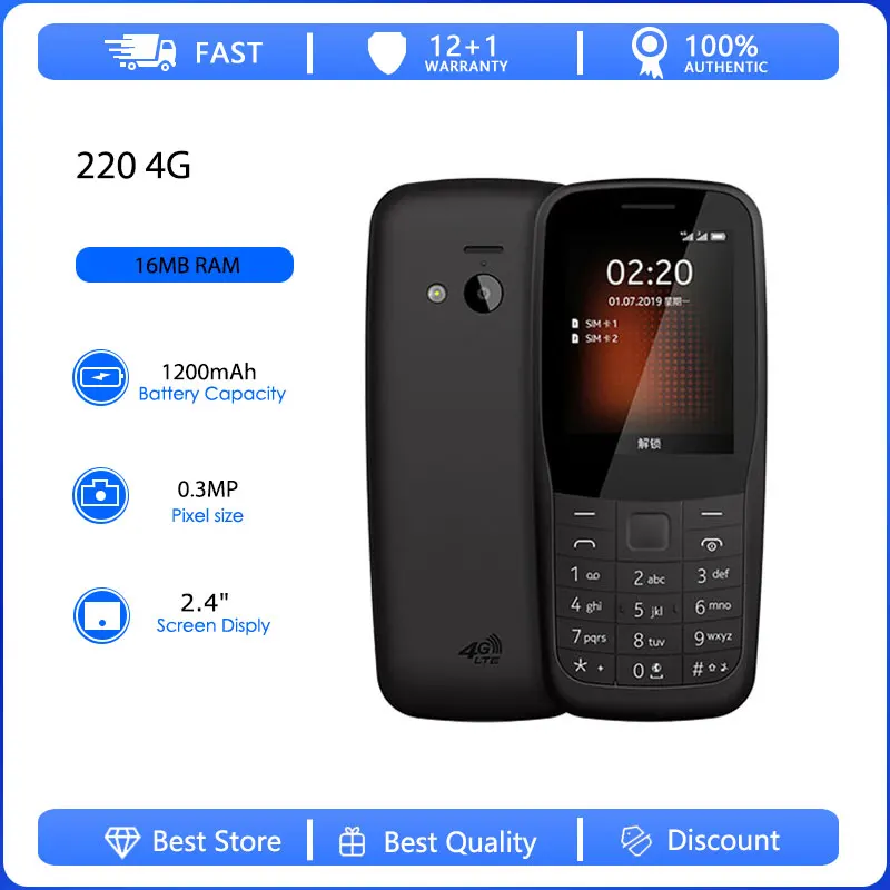 Оригинальный восстановленный мобильный телефон 220 4G 2019 года, с двумя SIM-картами, разблокированный GSM 900/1800, с русской, арабской, ивритской клавиатурой, произведено в Финляндии
