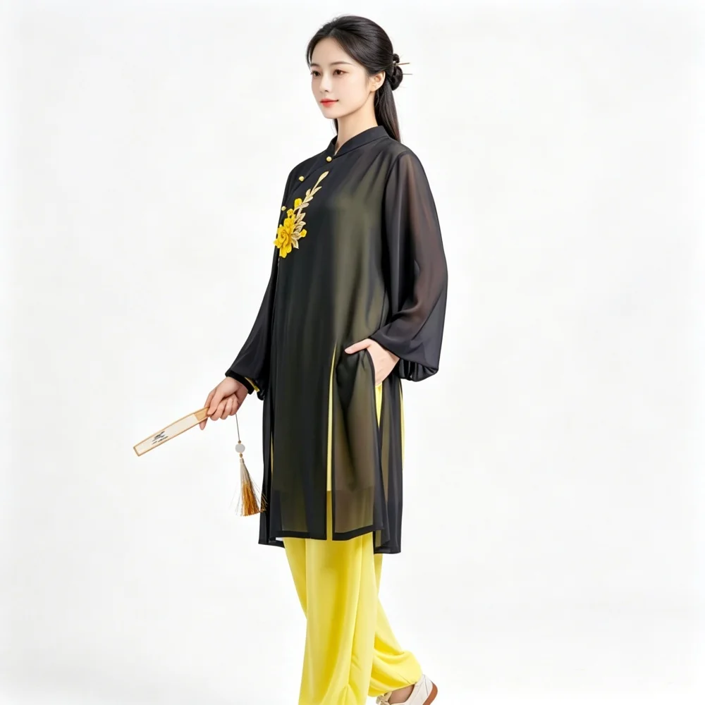 Mid Length Tai Chi Uniform For Women Spring Autumn Ba Duan Jin Martial Arts Printed Embroidery Performance Practice Clothing