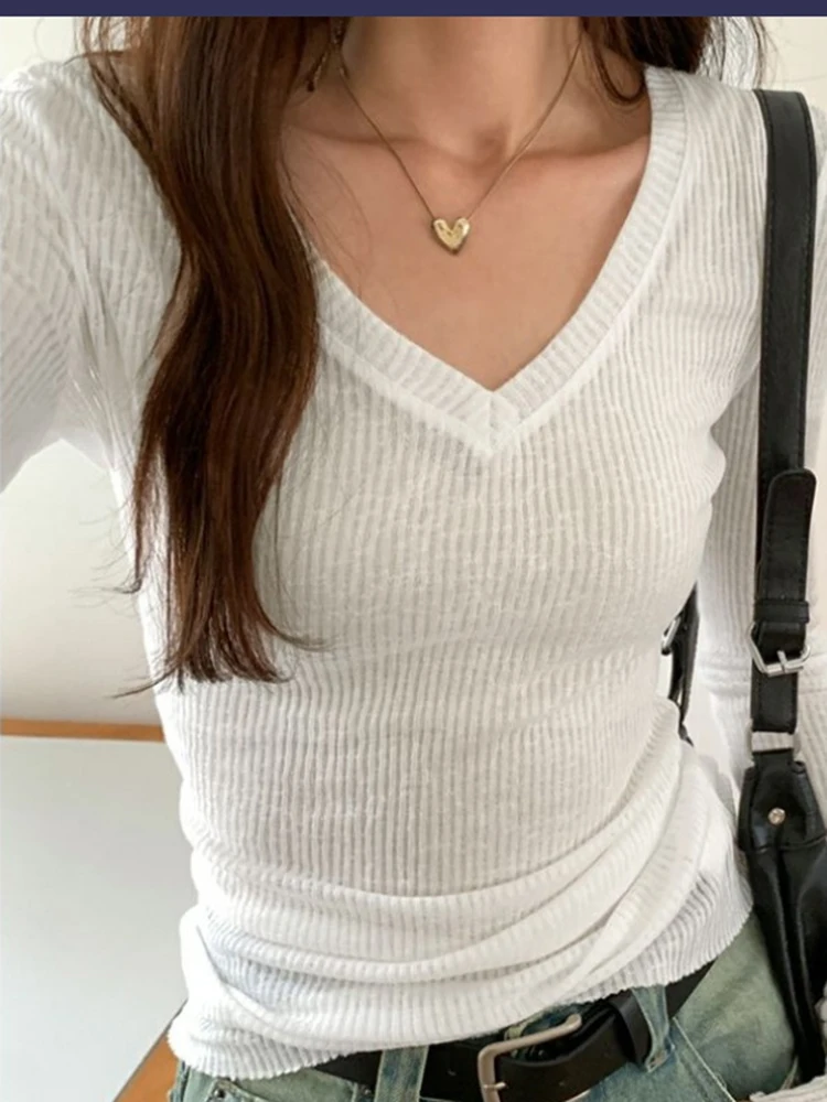 Frauen Langarm T Shirt Dünne Perspektive Sommer Feste Dünne Casual Shirts Weibliche Pullover Grundlegende T Y2k Kleidung Streetwear Top – Detail 14