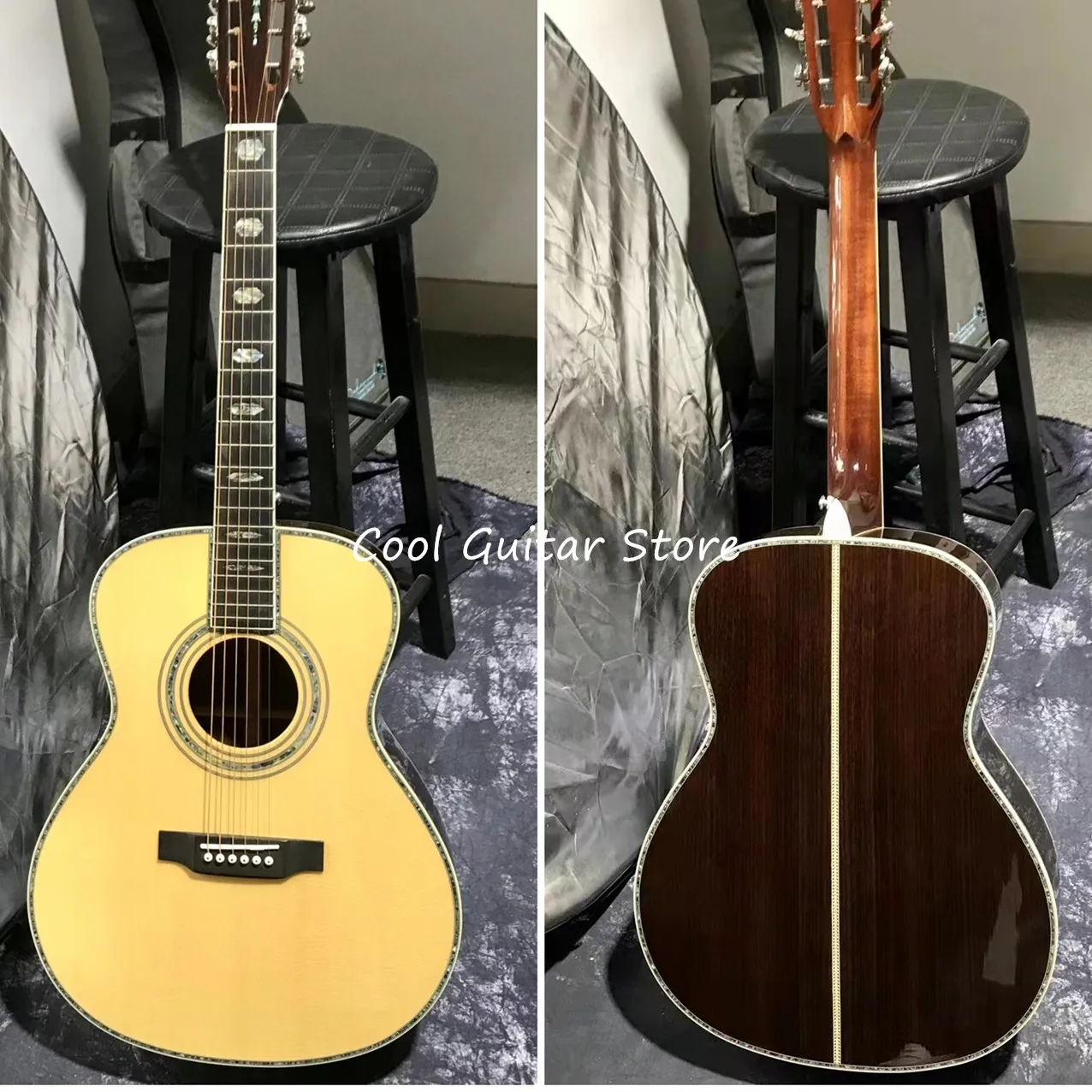 Solid Spruce Top Acoustic Guitar, OM Model,Ebony Fingerboard,Real Abalone Inlay and Binding