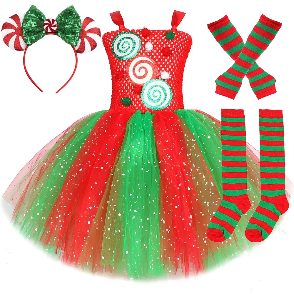 Sparkly Christmas Candy Costumes for Girls Red Green Twinkle Tulles Xmas Dresses for Kids New Years Carnival Outfit with Hairbow