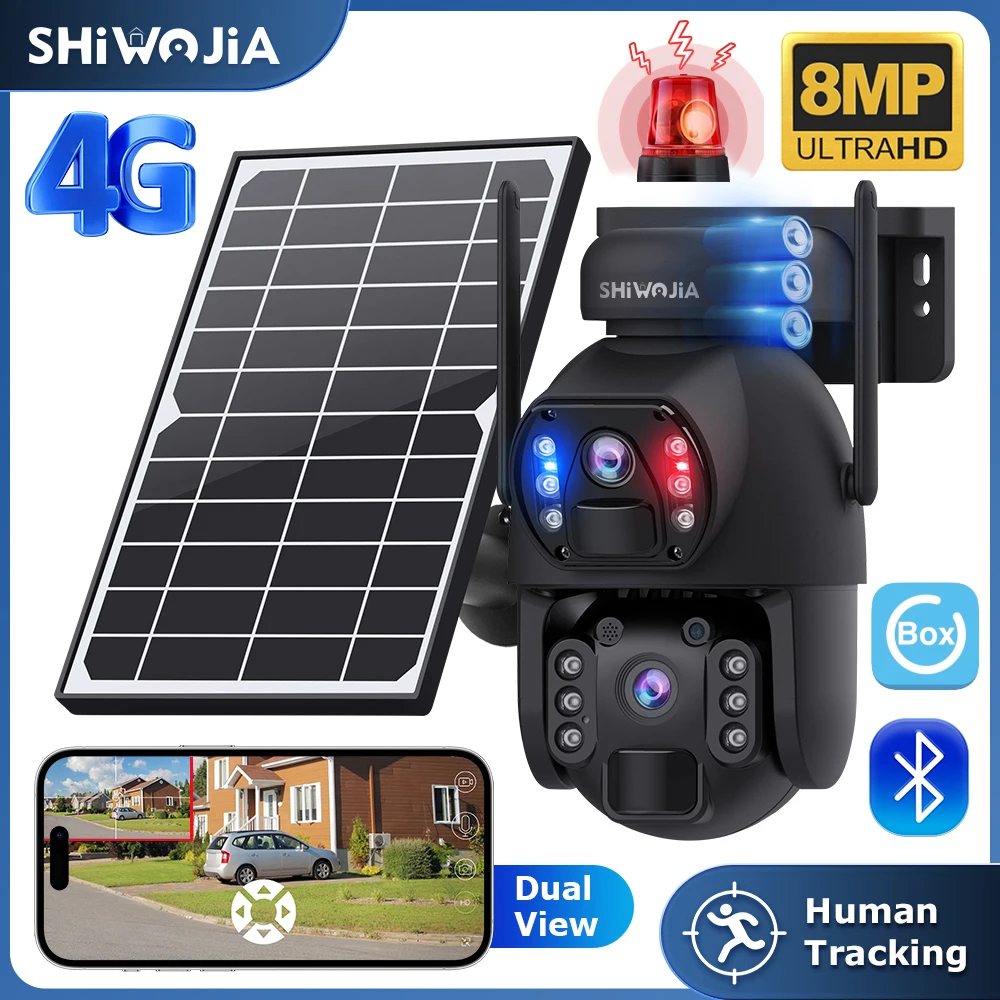 

SHIWOJIA 4K 8MP Solar Camera 4G SIM/WIFI Outdoor Dual Screen Motion Detection Human Auto Tracking Color Night Vision 12000mAh