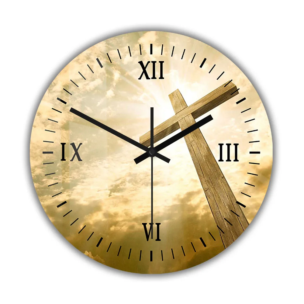 Christian Cross Wall Clock for Church Chapel Christian Home Religious Wooden Cross with Sunlit Sky Faith Based Decorative Clock