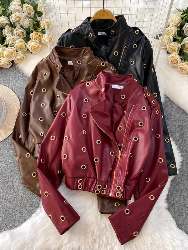 

Fashionable Short PU Leather Jacket Women's Spring Vintage Personality Metal Hole Stand Collar Coat Commute Style Zipper