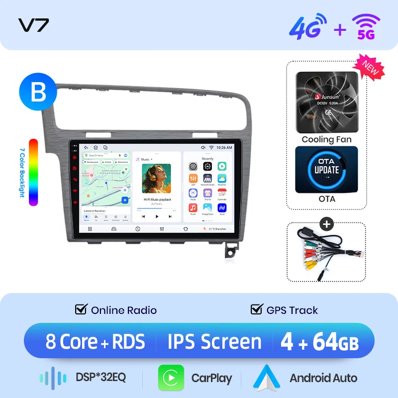Junsun draadloze CarPlay Android Auto autoradio voor Volkswagen (VW) Golf Mk7 (Typ 5G) 2012-2017 met ingebouwde koelventilator, Android GPS navigatie, multimediaspeler, WiFi, DSP, RDS, BT, SWC, IPS