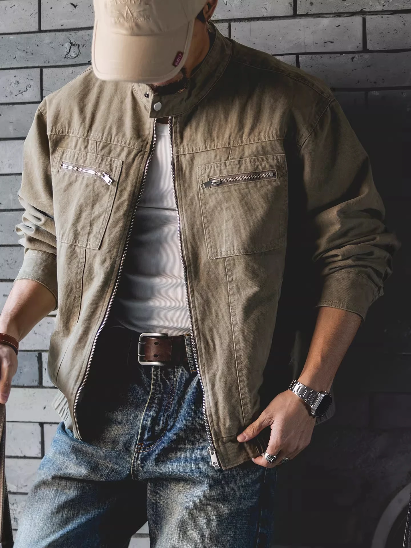 

Large Size American Retro Workwear Jaet Men's Spring Autumn New Waed Pure Cotton Motorcycle Outerwear Stand Collar