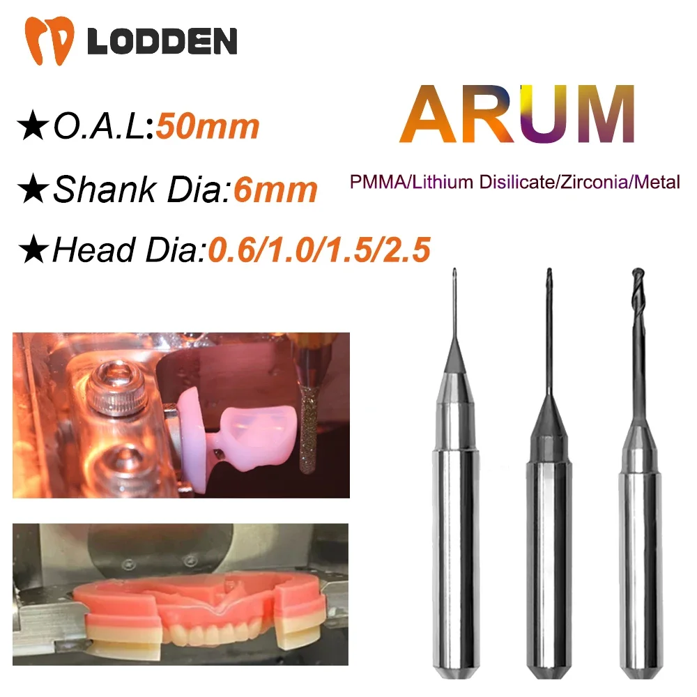 

ARUM Milling Bur Grinding Lithium Disilicate/Zirconia/Metal D6 Shank 50mm Length 2.5/1.5/1.0/0.6mm Dental Milling Cutter CAD CAM