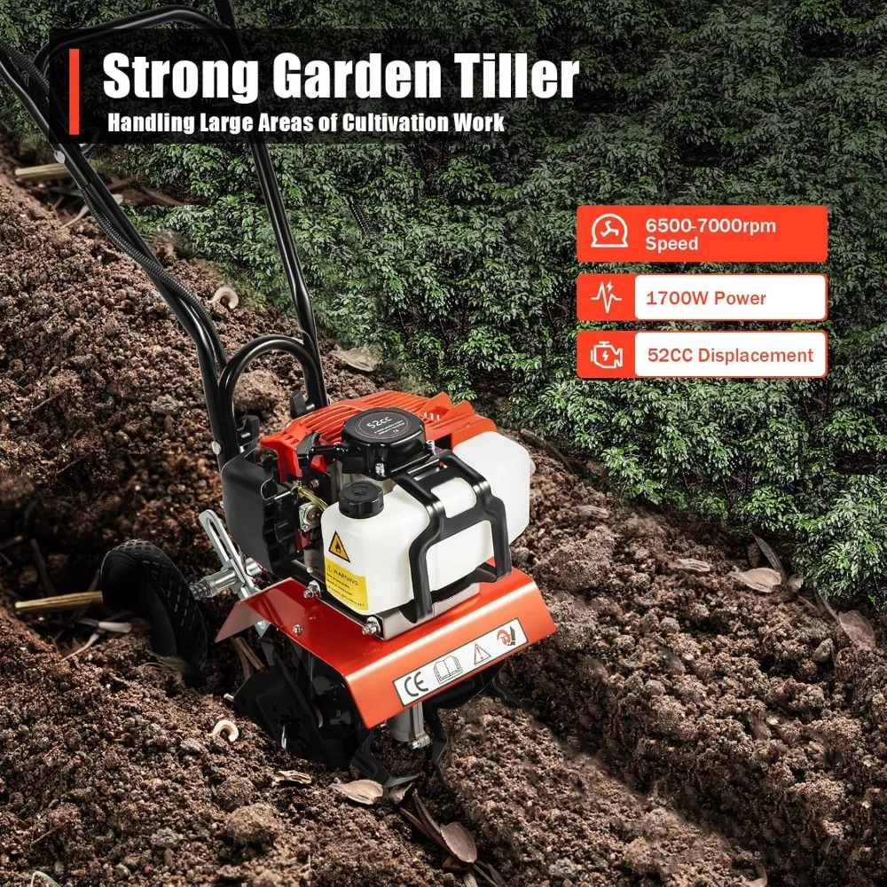 52CC Gas Powered Tiller Cultivator 2-Stroke Garden Yard Rototiller Tilling Gasoline Power Mini Tiller Cultivator Tool