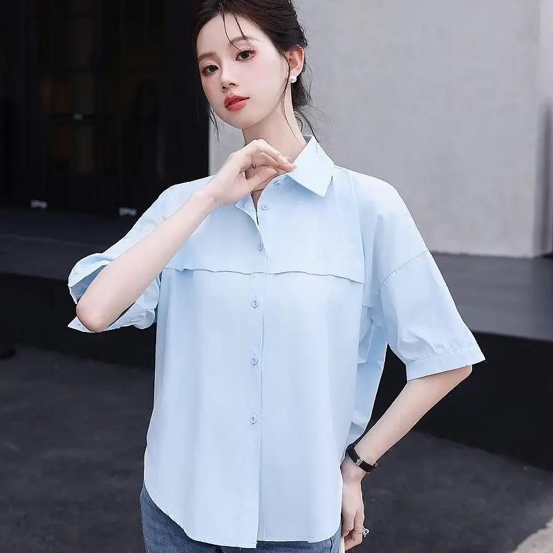 Women's Casual Korean Fashion Loose Buttons Shirt, Solid color, Dignified, Intellectual, Generous, Office Lady, Simplicity, Wi