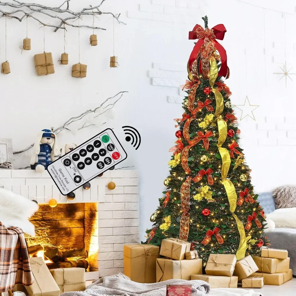 Pre-lit Christmas Tree - 6.5 Ft Fully Decorated Pull Up Christmas Tree with Remote, 200 LED Lights, Ornaments, Red&Gold Ribbon