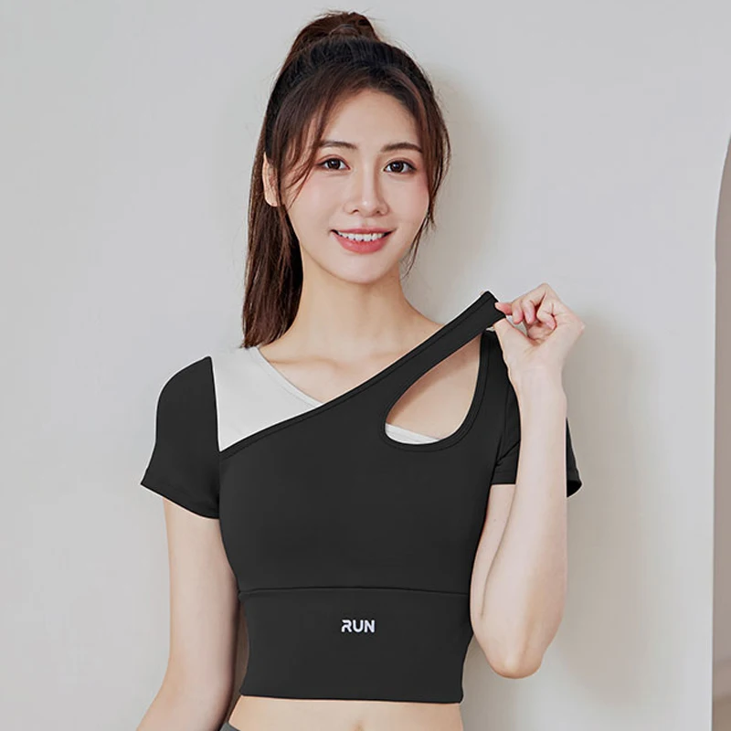 

Yoga Crop Top Padded Short Sleeve Fitness T Shirt Women Breathable Running Training Sport T-shirt Gym Quick Dry Tops