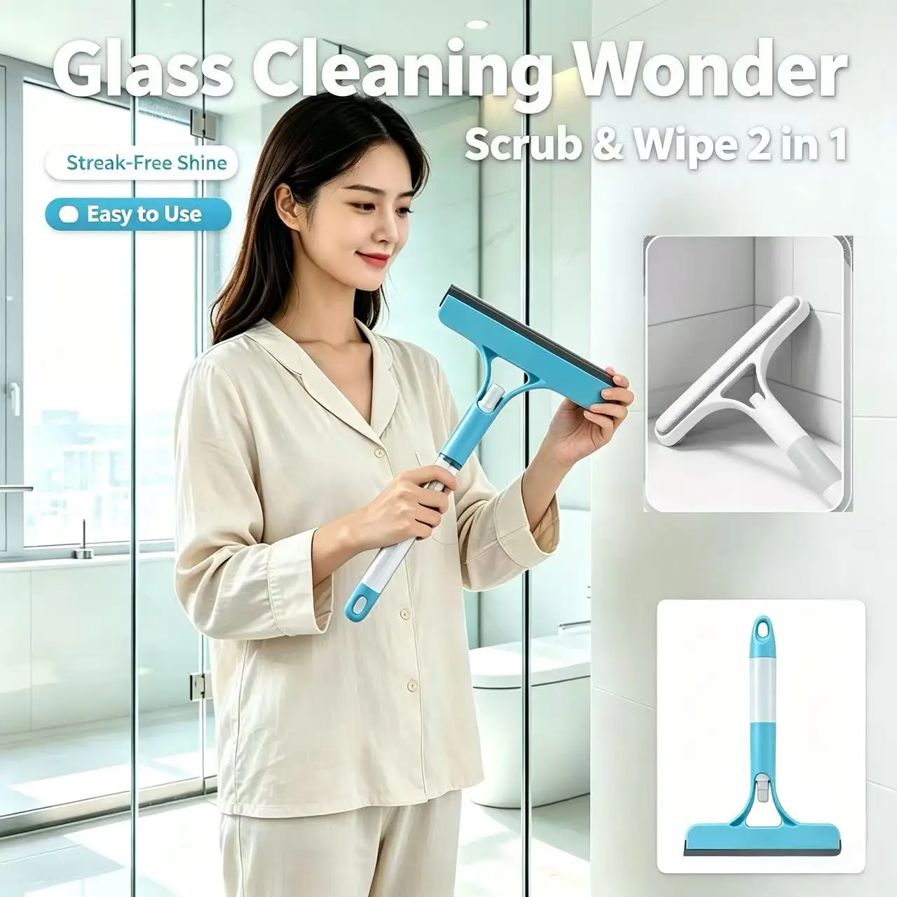A 3-in-1 Glass Cleaner. Features A Double-Sided Brush Head and Scraper, and Can Be Filled with Cleaning Solution.