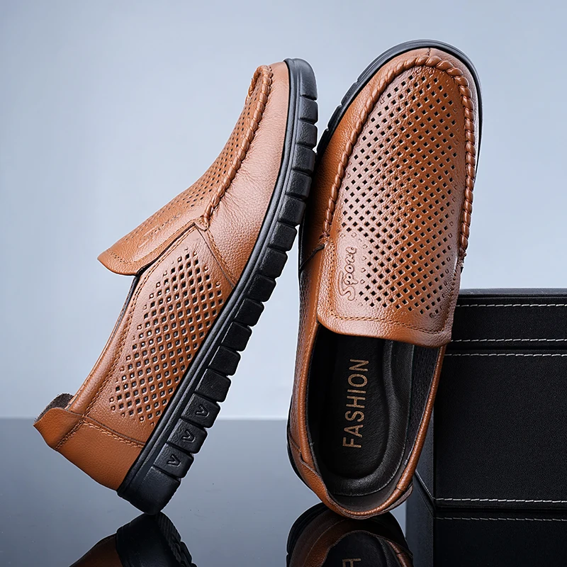 Men's Slip-On Loafers Summer Genuine Leather Cowhide Breathable Comfortable Soft Bottom Anti-Slip Shoes-8822