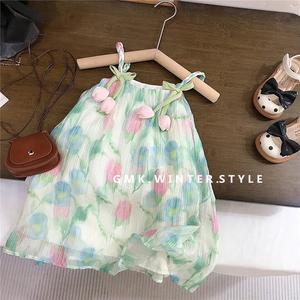 

Girls Casual Dresses Summer Fragmented Flowers Baby Korean Childrens Clothing Girl Tulip Sling Princess Tide Sweet Fashion