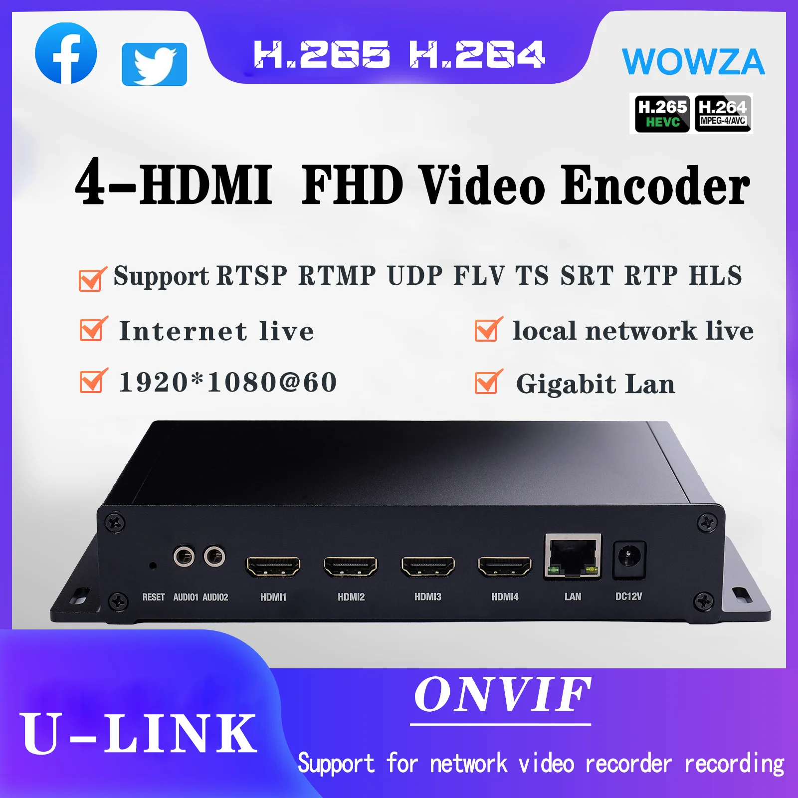 

FHD 4 hdmi video encoder h.264 h.265 rtmp rtsp srt udp flv ts hls stream for iptv vmix youtube