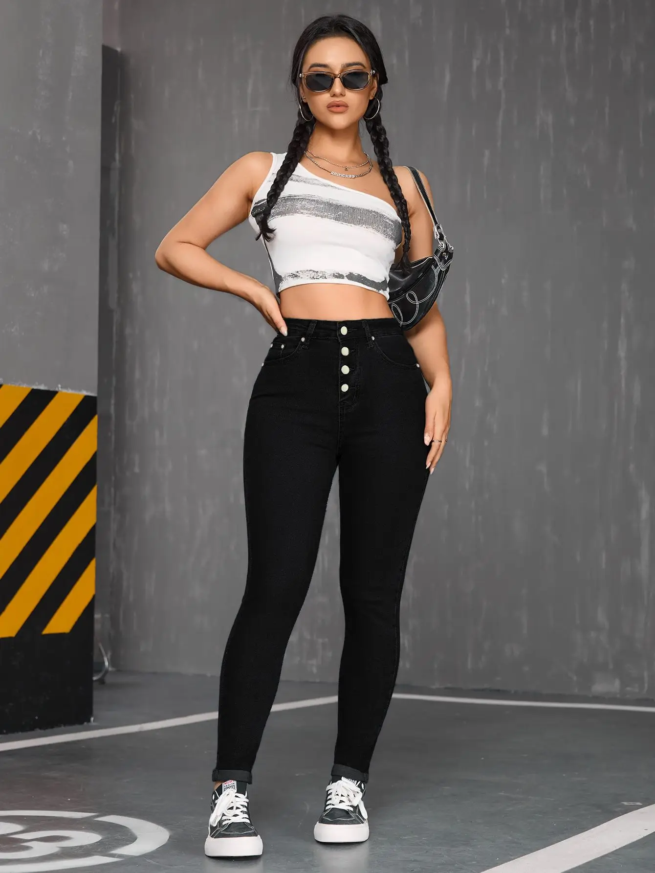 Women's Elastic Black Denim Jeans with Double Row Buttons And Cuffed Ankle Positioning Classic Black Stretchy Casual Pants