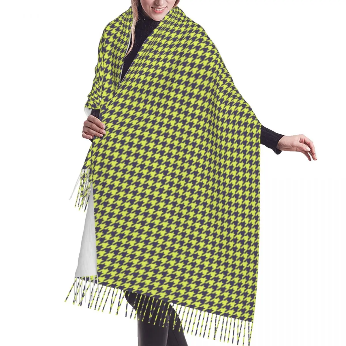 Custom Luxury Fashion Houndstooth Plaid Pattern Tassel Scarf Women Winter Warm Shawl Wrap Lady Morden Scarves